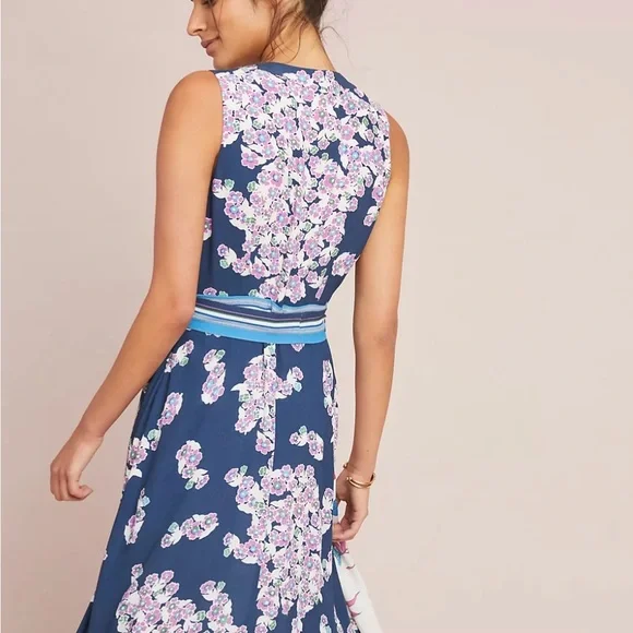 Maeve Anthrolpologie Faux Wrap Mixed Print Sleeveless Dress Floral Blue Size 4 - Picture 4 of 11
